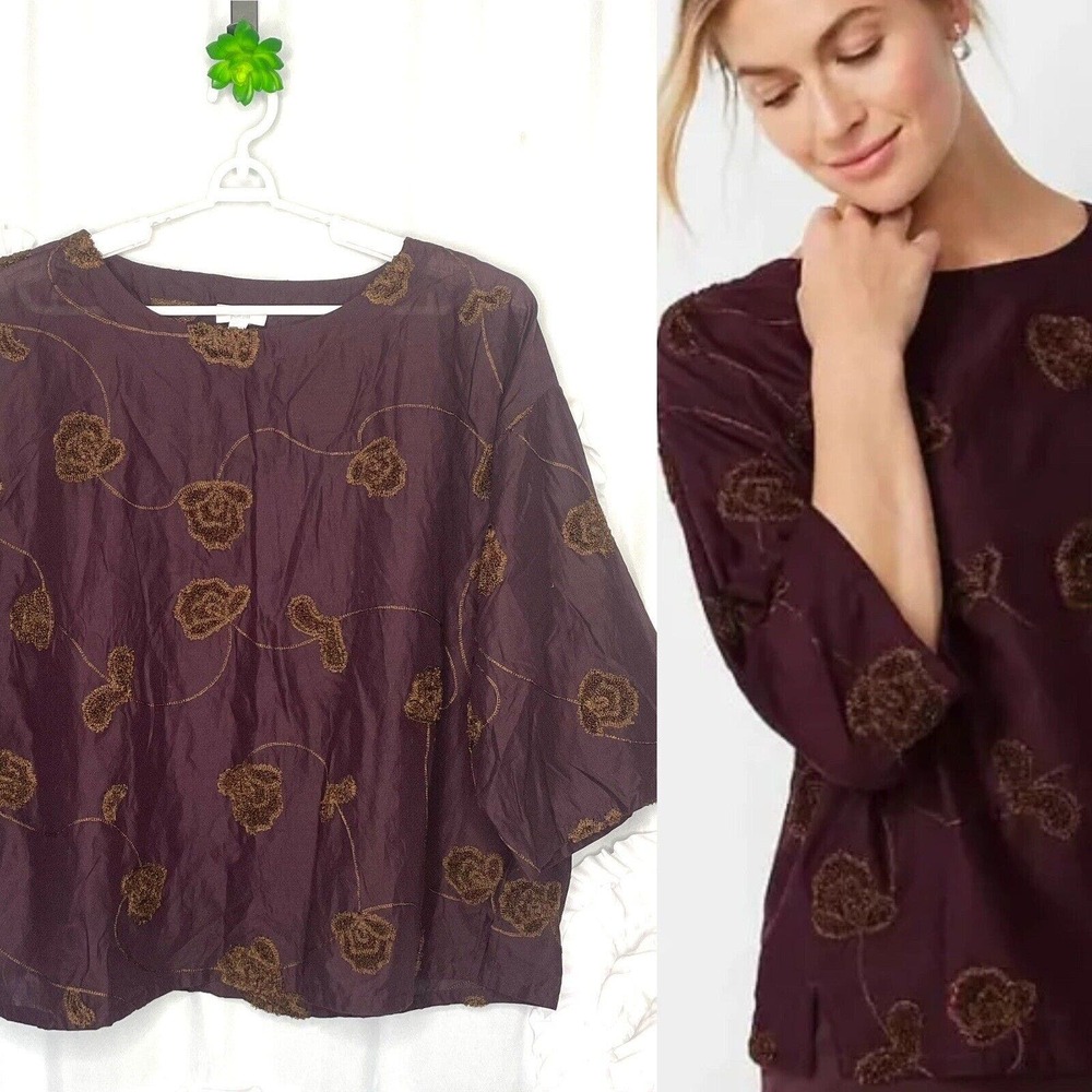 Pure Jill Valley Florals Embroidered 3/4 Square-Sleeve Top Cotton Burgundy Large